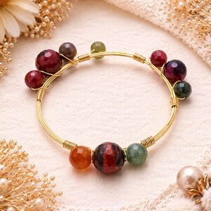 Signed GS Faceted Agate Beaded Gold Tone Wire Work Bangle Bracelet